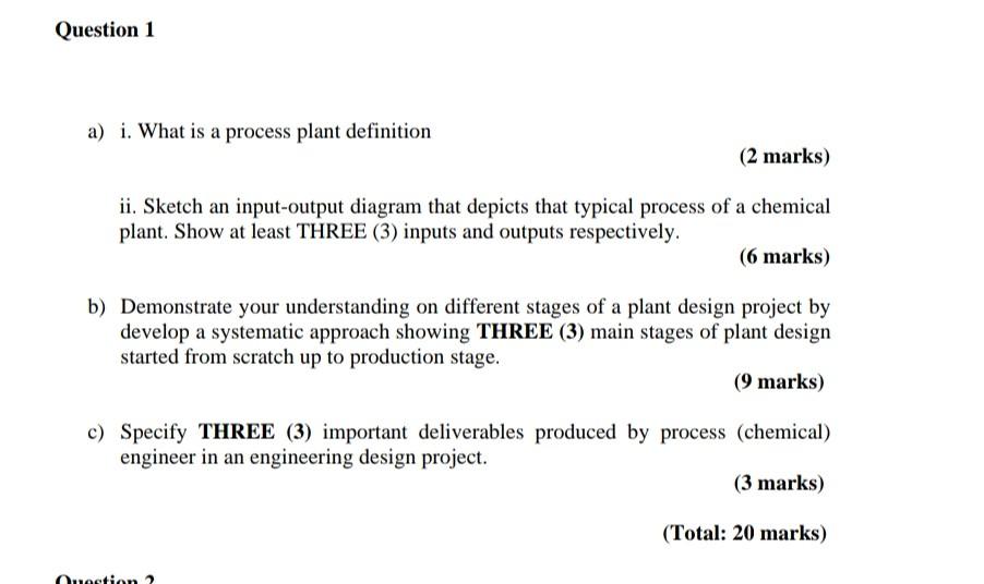 Solved Question 1 a) i. What is a process plant definition