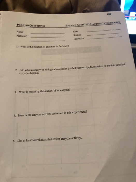Solved 209 PRELAB QUESTIONS ENZYME ACTIVITY LACTOSE