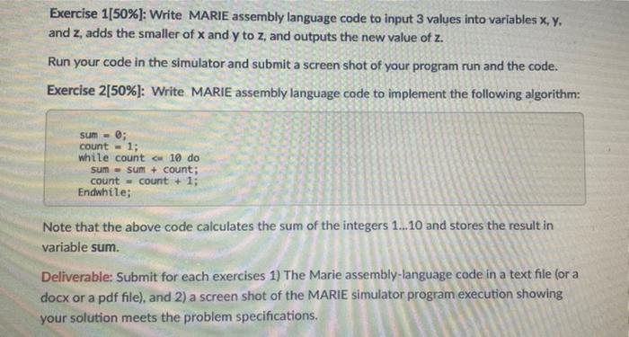 Solved Exercise 1[50% ]: Write MARIE assembly language code | Chegg.com