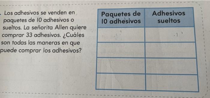 Los adhesivos se venden en paquetes de 10 adhesivos o sueltos. La señorita Allen quiere comprar 33 adhesivos. ¿Cuáles son tod