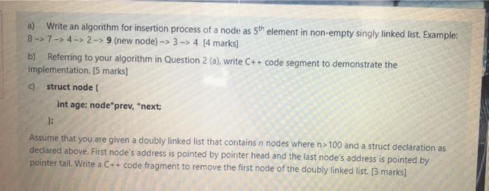 Solved a) Write an algorithm for insertion process of a node | Chegg.com