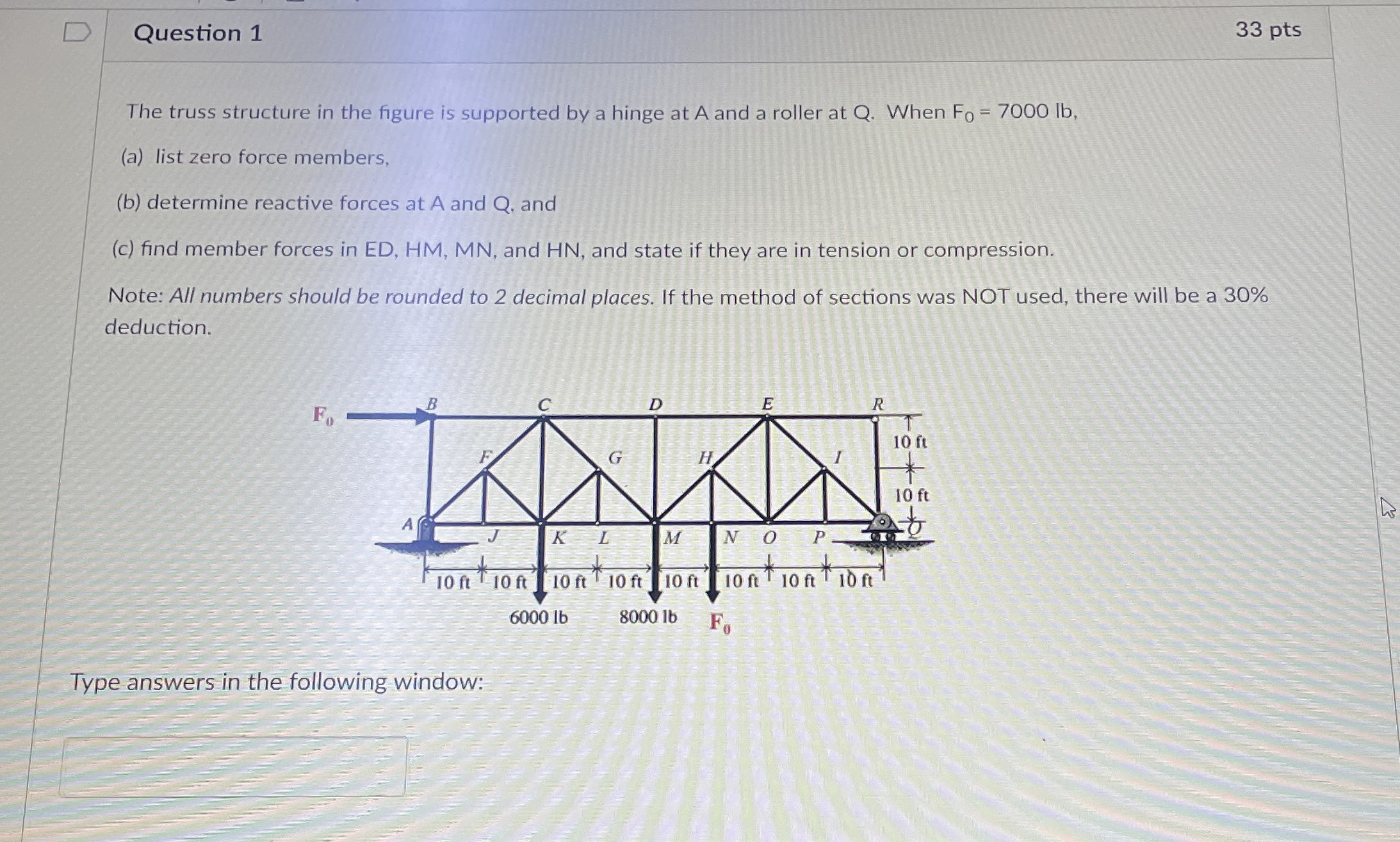 Solved Question 133 ﻿ptsThe truss structure in the figure is | Chegg.com