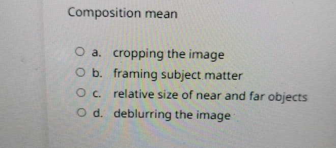 Solved Composition meana. ﻿cropping the imageb. ﻿framing | Chegg.com