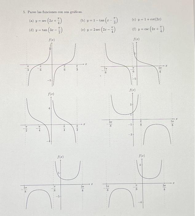 5. Paree las funciones con sus gráficas, (a) \( y=\sec \left(2 x+\frac{\pi}{4}\right) \) (b) \( y=1-\tan \left(x-\frac{\pi}{3