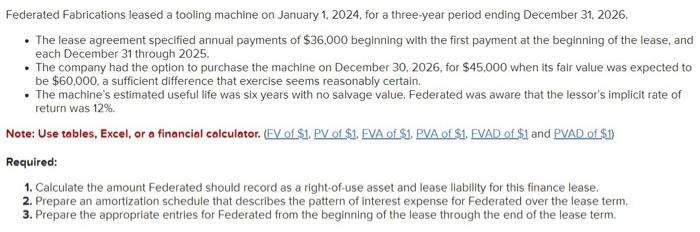 Solved Federated Fabrications leased a tooling machine on | Chegg.com