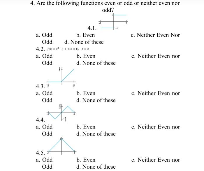 Solved 4. Are the following functions even or odd or neither | Chegg.com