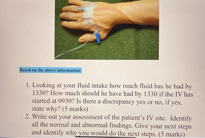 Based on the above information: 1. Looking at your fluid intake how much fluid has he had by 1330? How much should he have ha