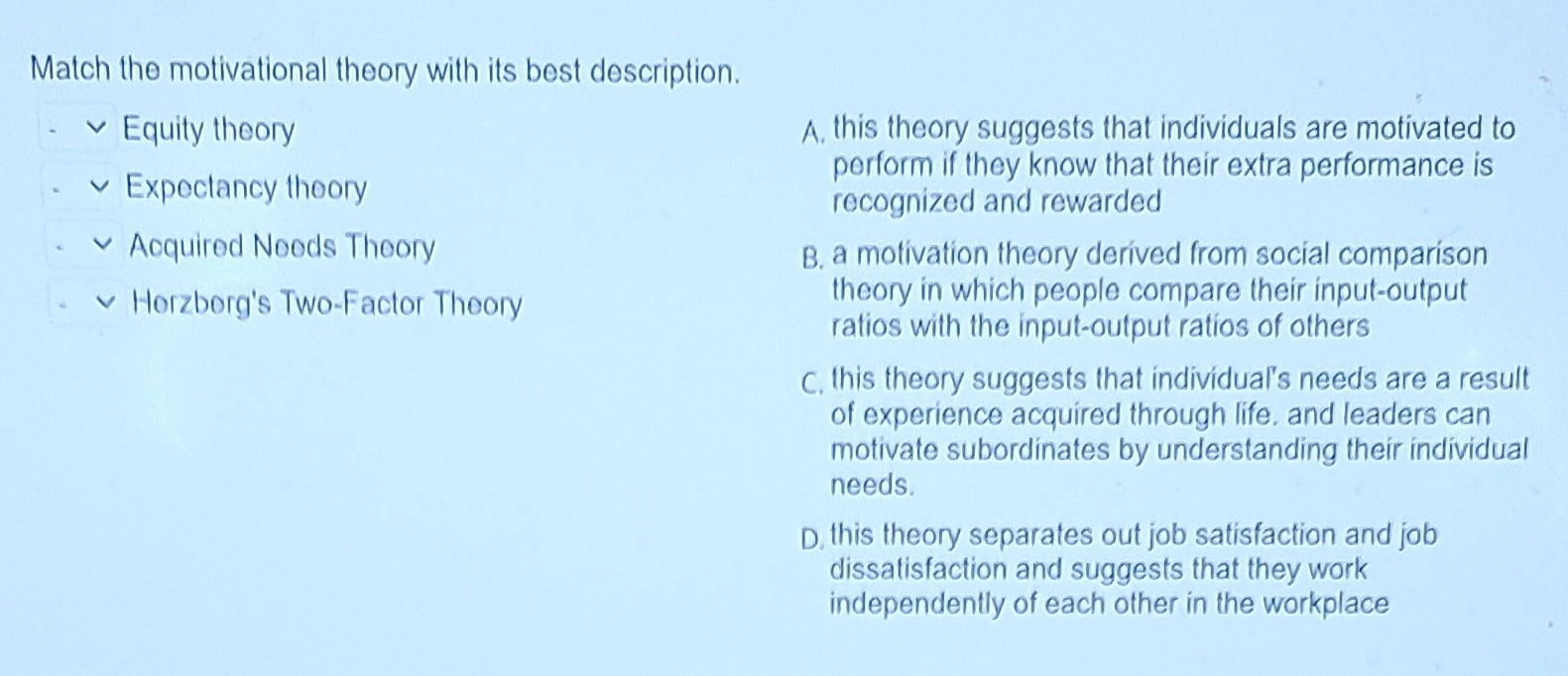 Solved Match the motivational theory with its best | Chegg.com