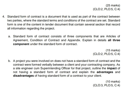 standard form contract questions Solved (2 marks) (CLO:2, PLO:2, C:2) 2. Standard form of  Chegg.com