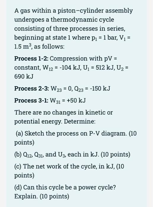 Solved A gas within a pistoncylinder assembly undergoes a