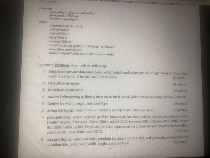 of production Class And string tilde; Il t ;float price سعر القطعة تارية المتعلم ,int year public: Art(string n, float p, Int