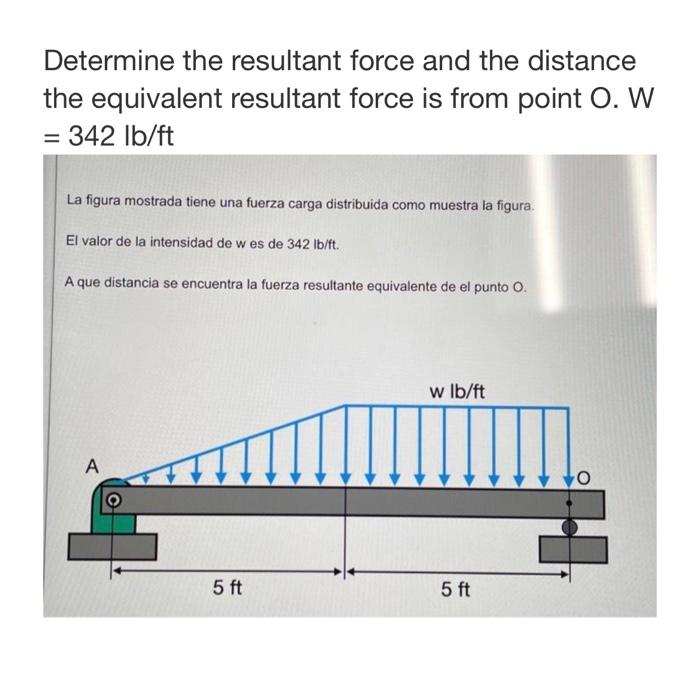 Determine the resultant force and the distance the equivalent resultant force is from point \( \mathrm{O} \). W \( =342 \math