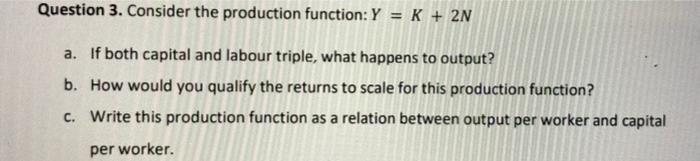Solved Question 3. Consider the production function: Y = K + | Chegg.com