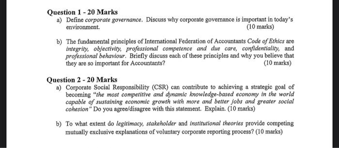 Solved Question 1 20 Marks A Define Corporate Governance