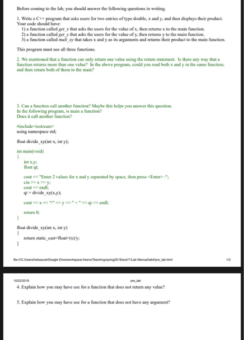 Solved Before coming to the lab, you should answer the | Chegg.com