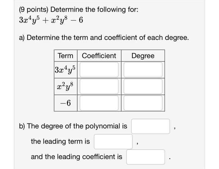 Solved ( 9 Points) Determine The Following For: 3x4y5+x2y8−6 