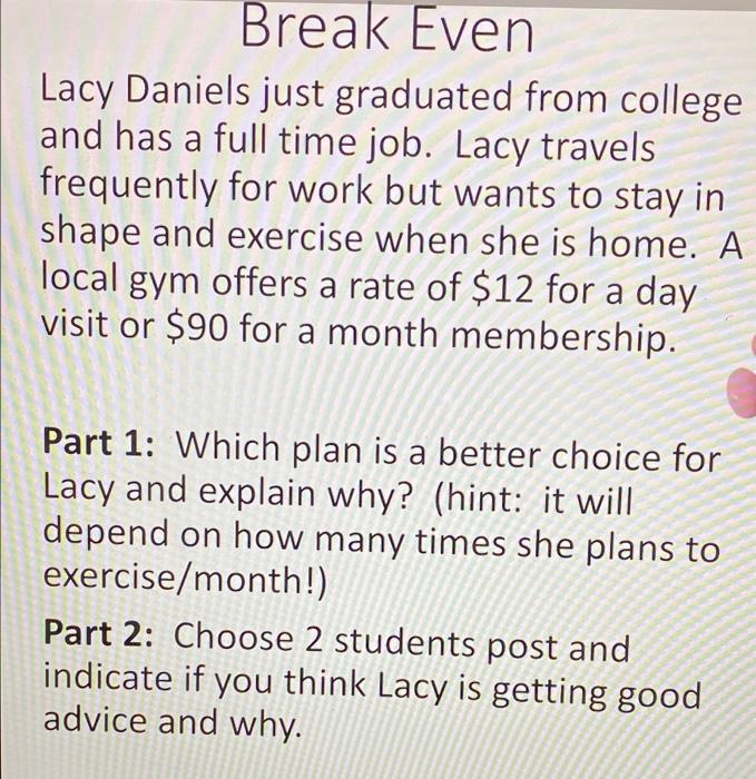 a Break Even Lacy Daniels just graduated from college