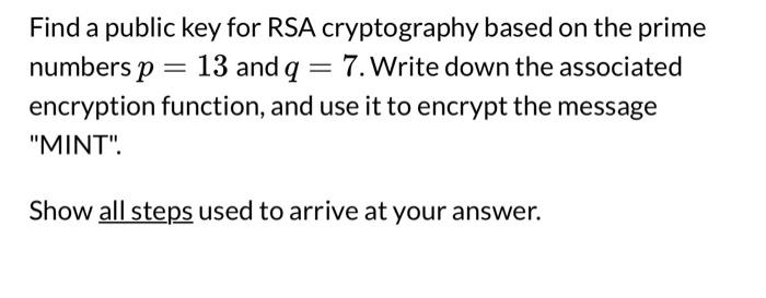 Solved Find a public key for RSA cryptography based on the | Chegg.com