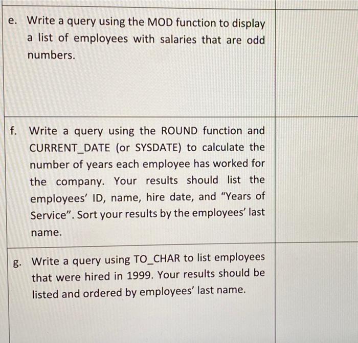 Solved e. Write a query using the MOD function to display a | Chegg.com
