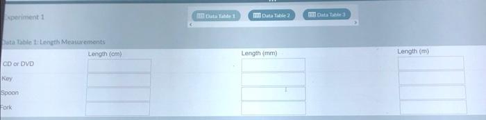 Experiment 1
Data Table 1: Length Measurements
CD or DVD
Key
Spoon
Fork
Length (cm)
Data Table 1
Data Table 2
Length (mm)
Dat