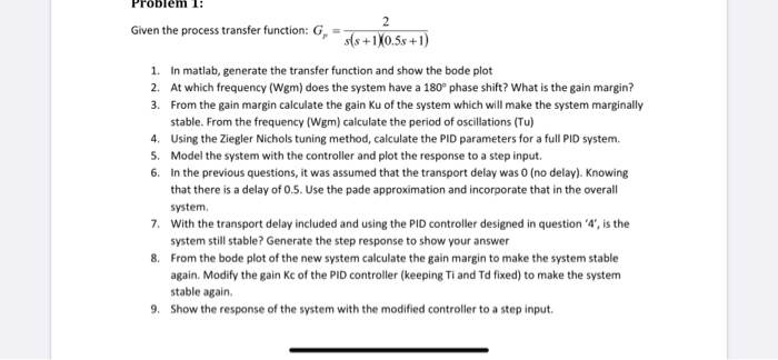 Solved Problem 1: Given the process transfer function: G = 7 | Chegg.com
