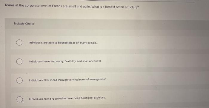 Solved Teams At The Corporate Level Of Freshli Are Small And Chegg