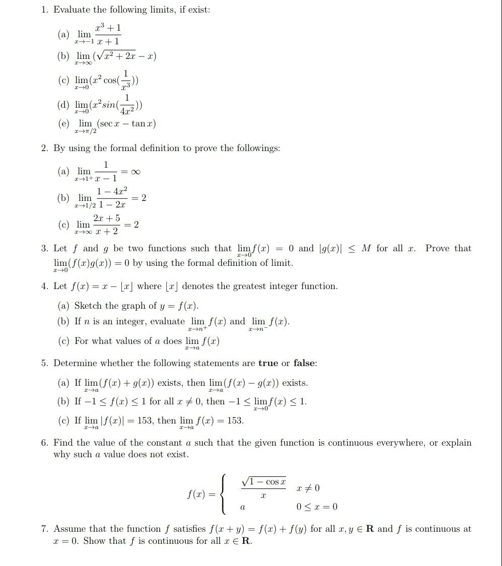 Solved 1. Evaluate the following limits, if exist: (a) | Chegg.com