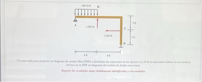 600 h B 41 A 1.000 16 1.2001 SA D 6 81 User una regla para preparar un dingrama de cuerpo libre (FBD) y determine las reaccio