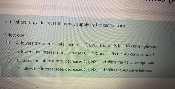Solved In the short run, a decrease in money supply by the | Chegg.com