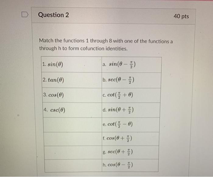 Solved Question 2 40 pts Match the functions 1 through 8 | Chegg.com