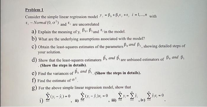 Solved Problem 1 Consider the simple linear regression model | Chegg.com