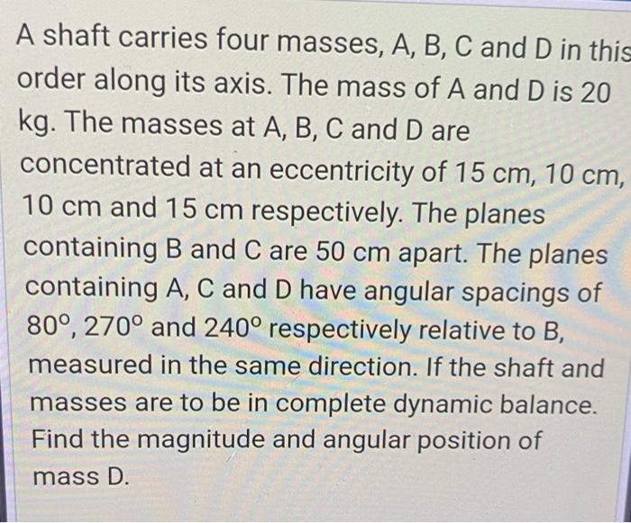 Solved A Shaft Carries Four Masses, A, B, C And D In This | Chegg.com