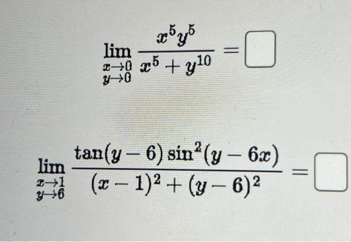 \( \lim _{\substack{x \rightarrow 0 \\ y \rightarrow 0}} \frac{x^{5} y^{5}}{x^{5}+y^{10}}= \) \( \lim _{\substack{x \rightarr