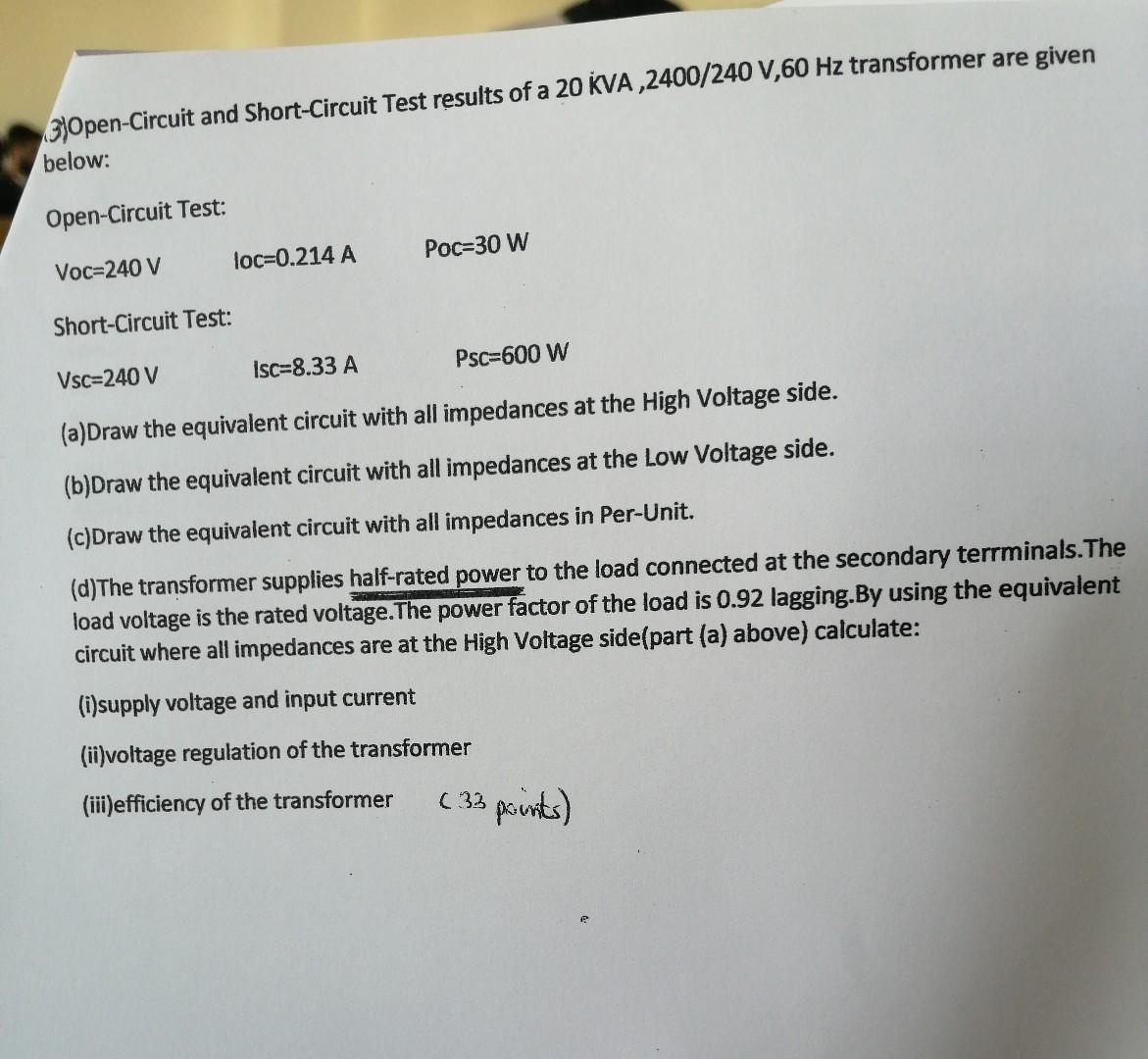 Solved Open Circuit And Short Circuit Test Re