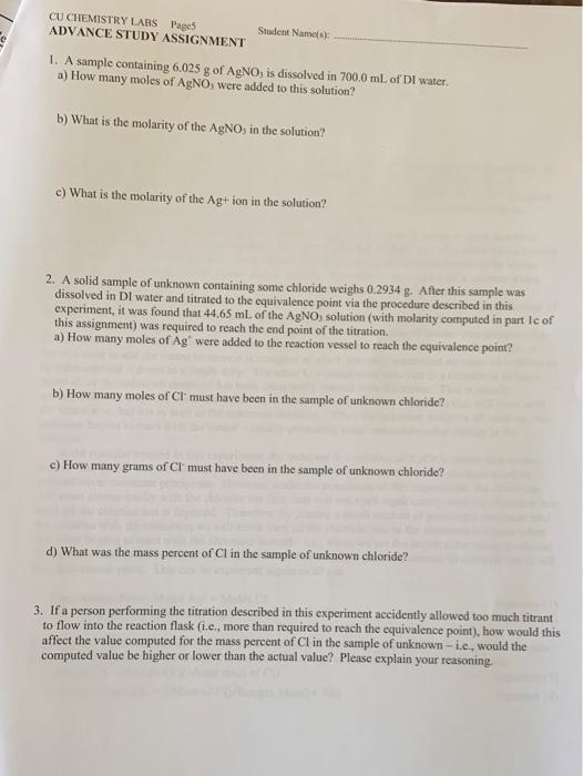 Solved CU CHEMISTRY LABS Pages Student Names) ADVANCE STUDY | Chegg.com