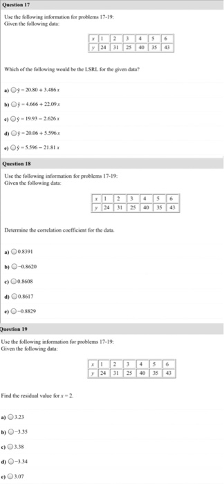 Solved Question 17 Use the following information for | Chegg.com