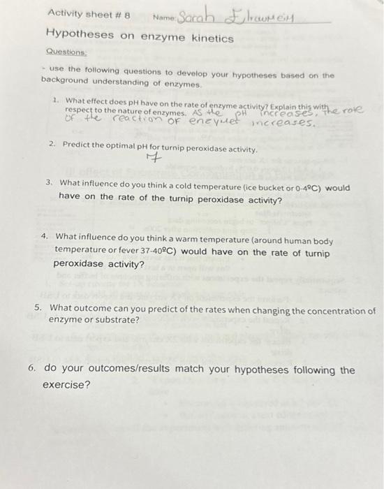Solved Activity sheet 8 Hypotheses on enzyme