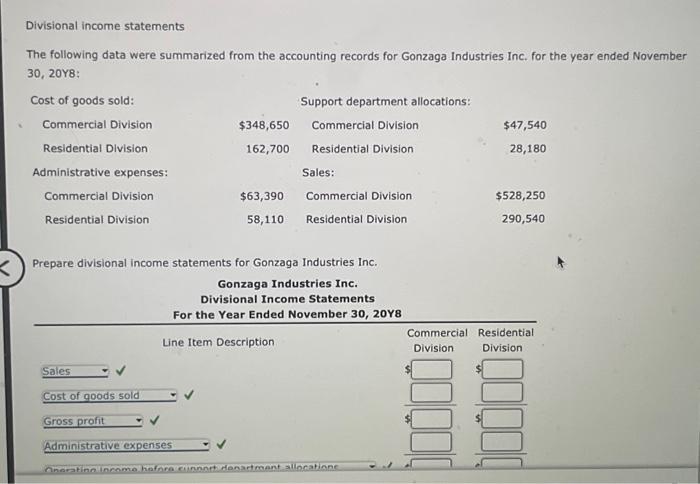 Solved Divisional income statements The following data were | Chegg.com