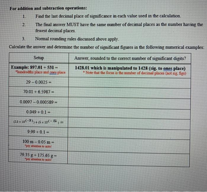 Solved For addition and subtraction operations: 1. Find the | Chegg.com