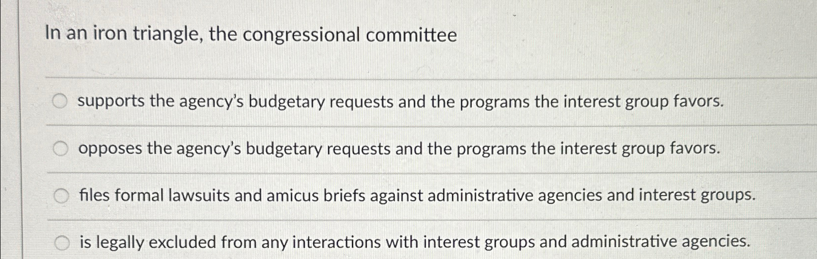 Solved In an iron triangle, the congressional | Chegg.com