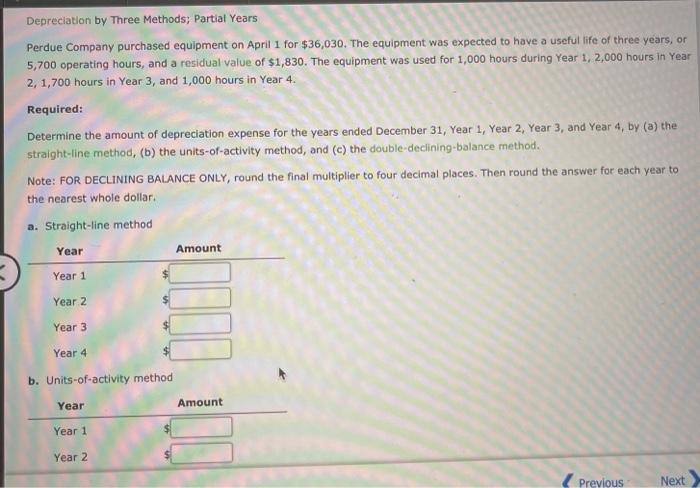 Solved Depreciation by Three Methods; Partial Years Perdue | Chegg.com