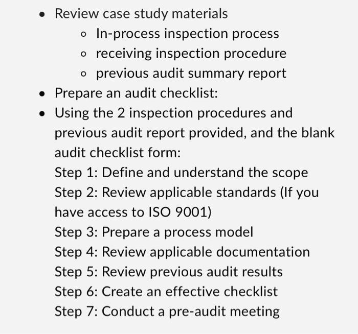 - Review case study materials - In-process inspection | Chegg.com