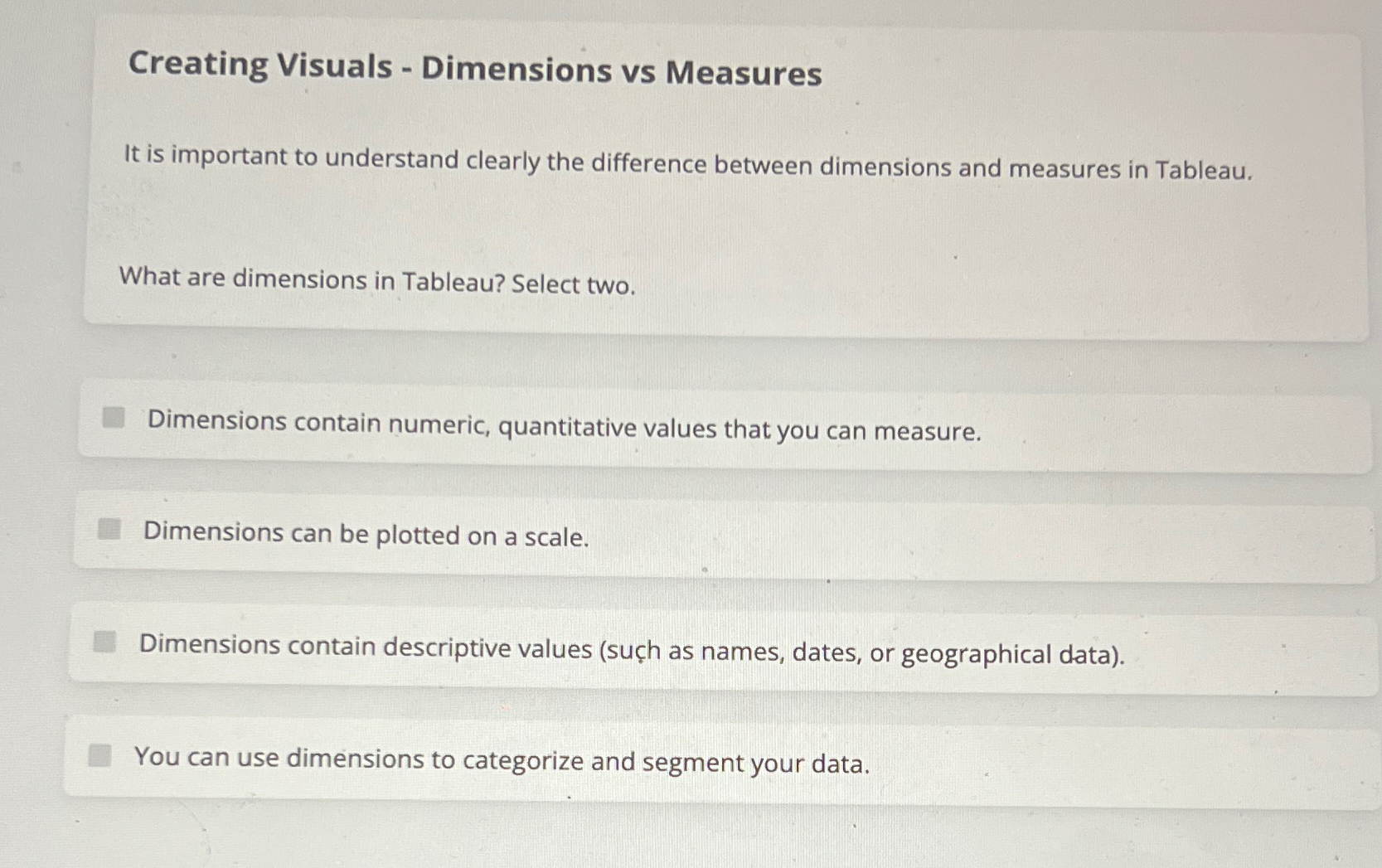 Solved Creating Visuals ﻿Dimensions vs MeasuresIt is