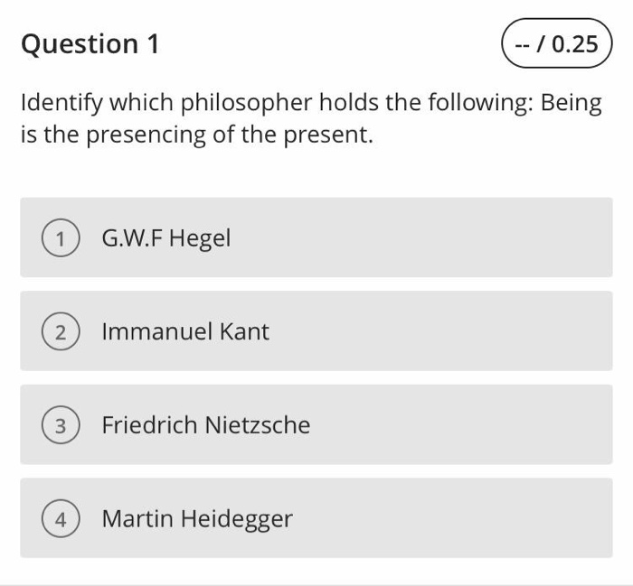 Solved Question 1 -- / 0.25 Identify which philosopher holds | Chegg.com