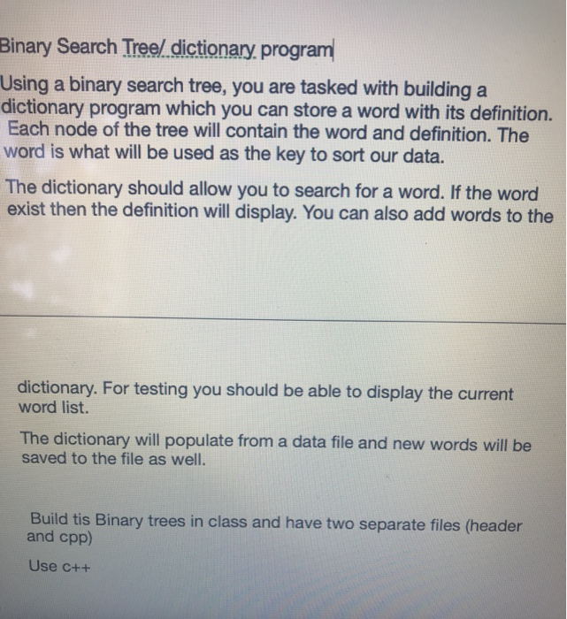 Binary Search Tree/ dictionary, program Using a | Chegg.com