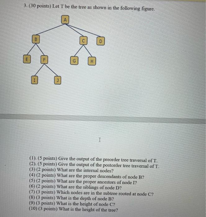 Solved 3. (30 points) Let T be the tree as shown in the | Chegg.com