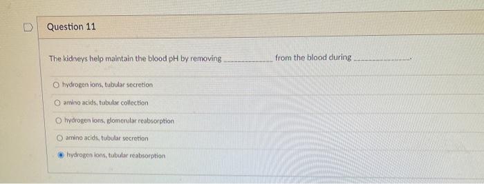 Solved Question 11 The kidneys help maintain the blood pH by | Chegg.com