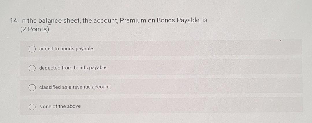 Solved 14. In the balance sheet, the account, Premium on | Chegg.com