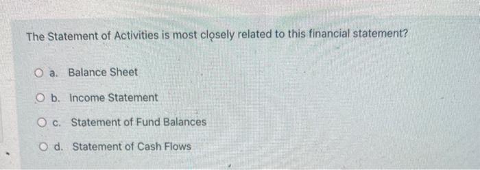 Solved The Statement of Activities is most closely related | Chegg.com