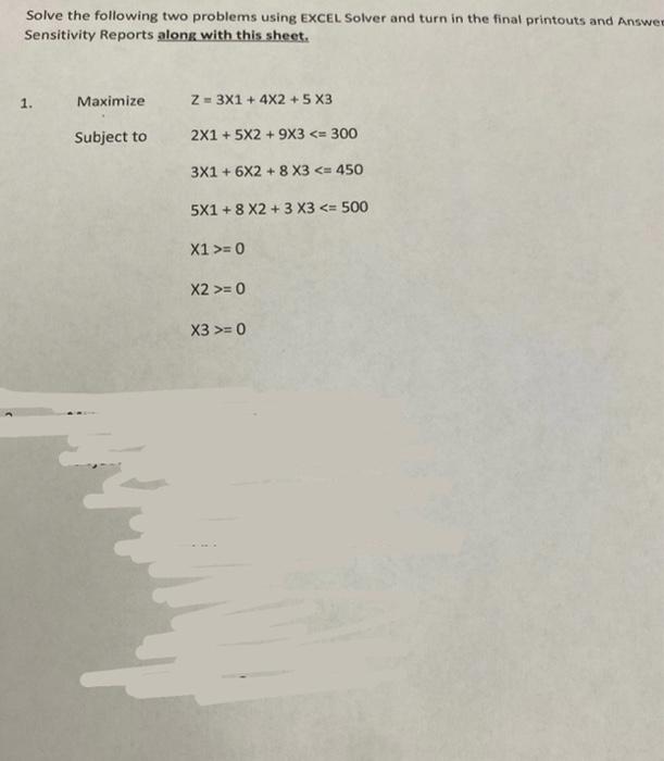 Solved Solve the following two problems using EXCEL Solver | Chegg.com